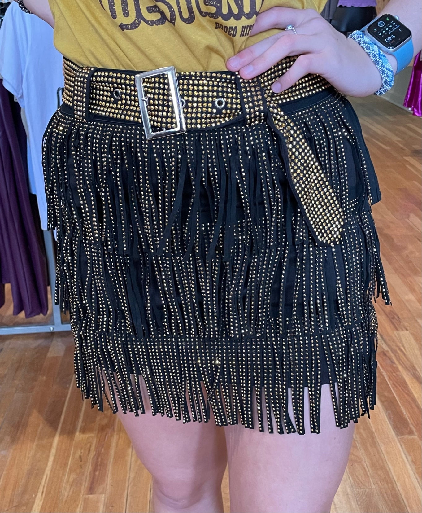 Gold Black Rhinestone Fringe Skirt